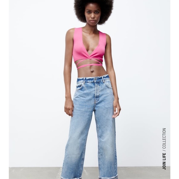 ZARA Knotted crop tie front and belly pink top - Picture 2 of 10